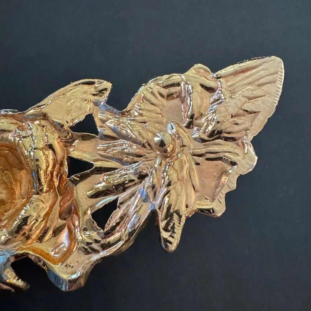 Vintage Gold Tone Floral Belt Buckle With Rose & Leaf Design